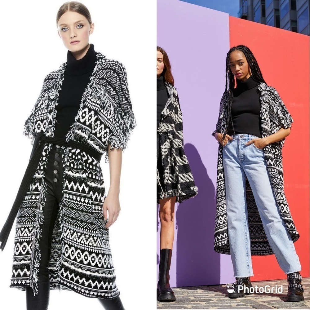 Alice + Olivia Maibella Belted Sweater Fringe Black White Vest Sz XS & S
